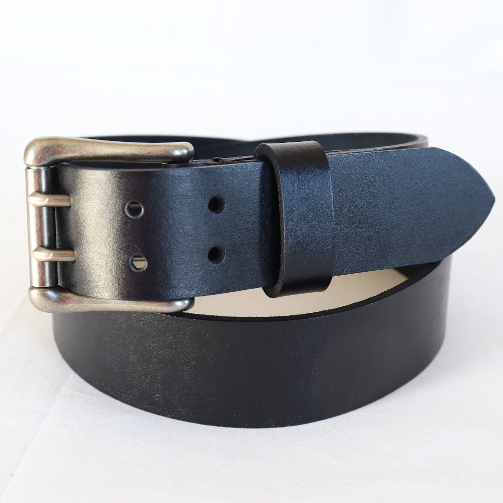 33" Handmade 100% cowhide black leather belt plain solid double hole 2 buckle Z